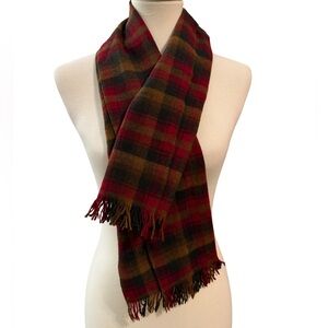 Pendleton Plaid Wool Scarf Red Black Brown Tartan Fringe 12x45 tiny holes
